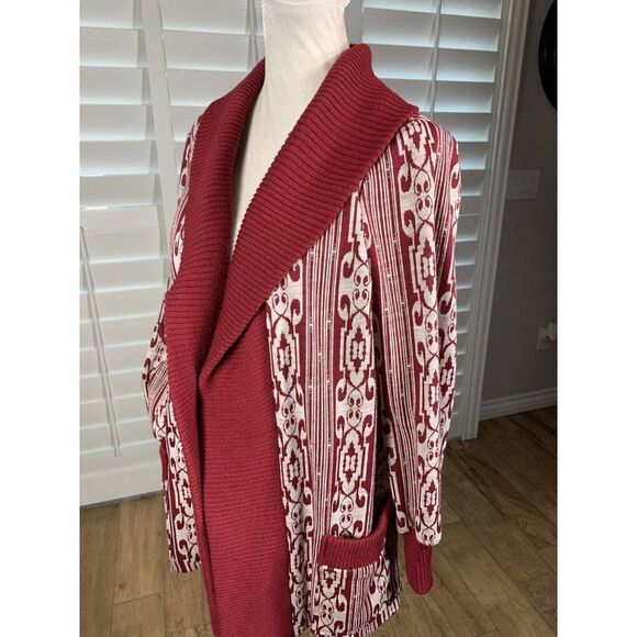 Vtg 1950s Dimonelli Maroon Geo Print Open Front Cardigan M Ribbed Pockets Prop - Picture 4 of 12